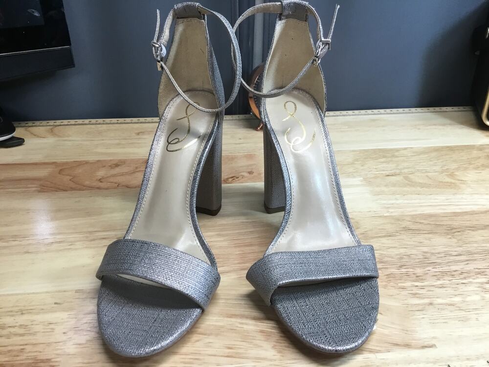 Sam Edelman Yaro Women's 8 Gray Ankle Strap Buckle Open Toe Block Heel Sandals
